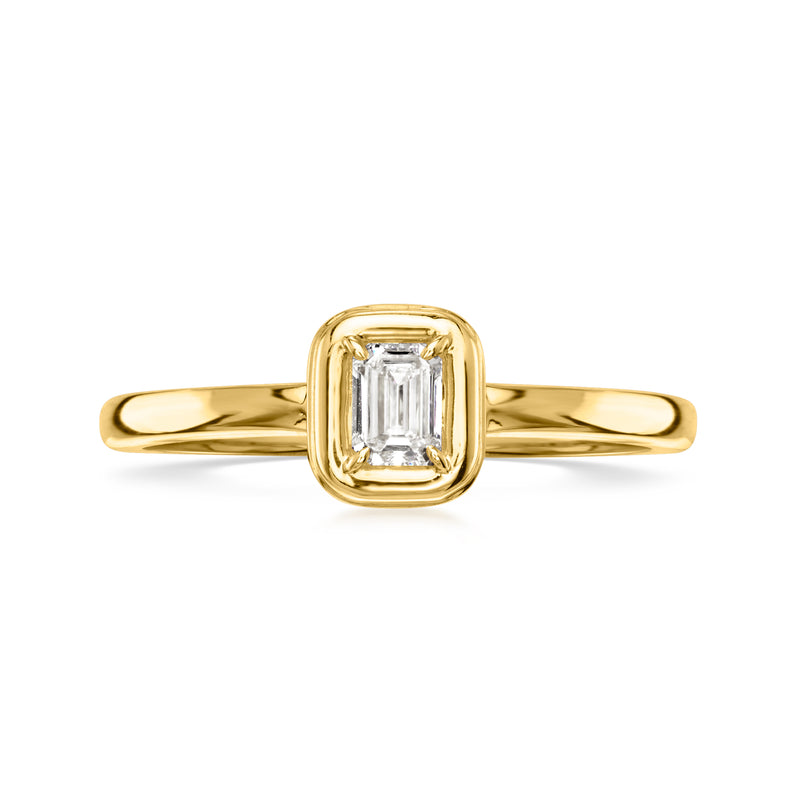10k yellow gold ring with bezel-set emerald-cut diamond center