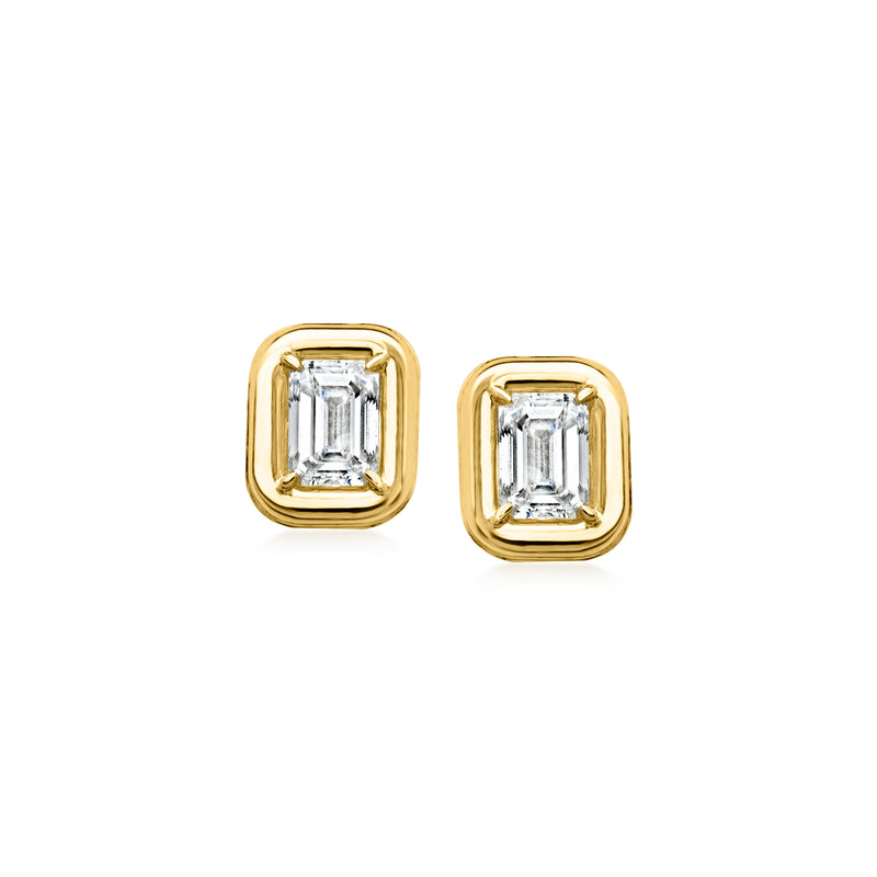 10kt yellow gold emerald-cut lab diamond stud earrings with bezel settings