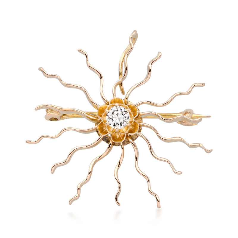 14kt yellow gold sunburst pin with round diamond center, prong-set