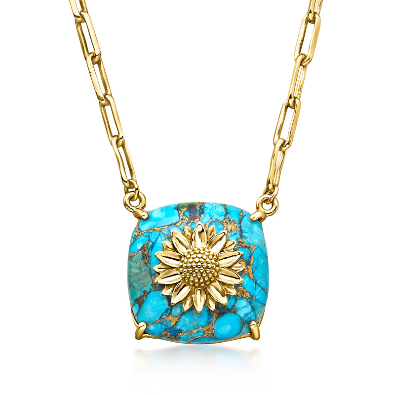 Gold-plated sunflower necklace with turquoise oval pendant and link chain