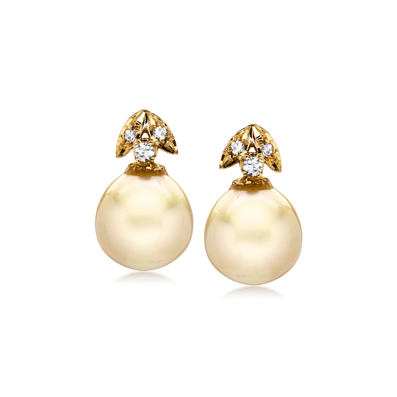 Gold tone pearl drop earrings with diamond accents, post backs