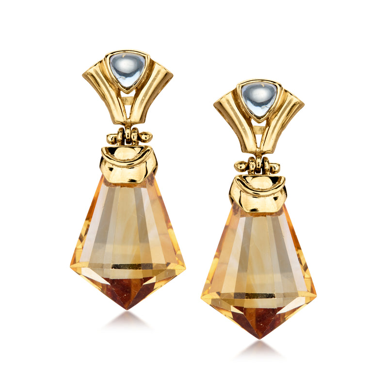 14kt yellow gold drop earrings with citrine teardrop and blue aquamarine accents.