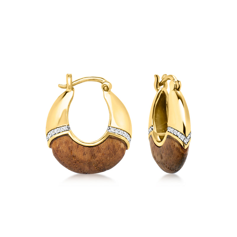 Gold hoop earrings with brown wood insets and clear crystal bands