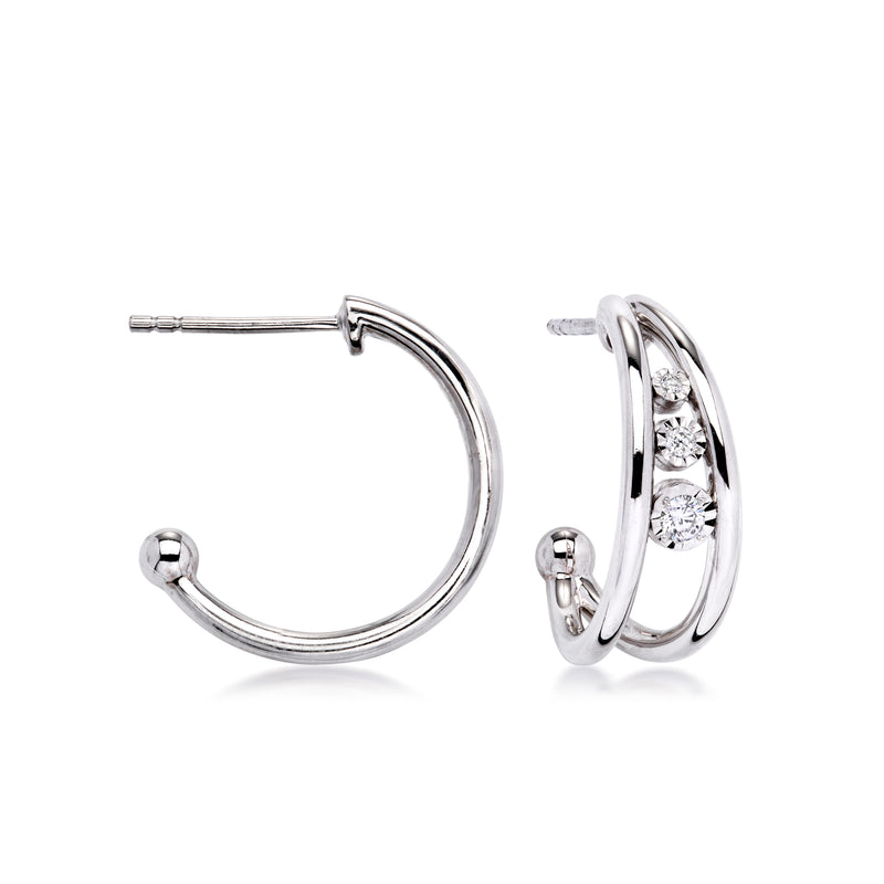 Curved hoop diamond post earrings in white gold with three small round diamonds
