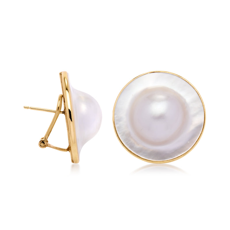 14kt yellow gold blister pearl clip/post earrings with round white pearl face