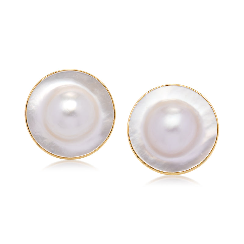 Round blister pearl stud earrings in 14kt yellow gold with white bezel