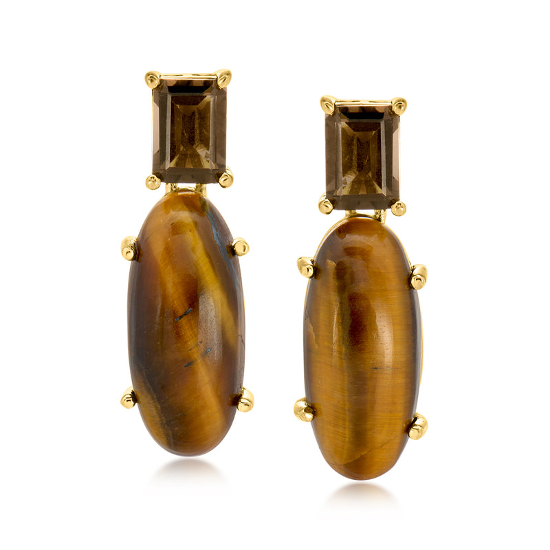 Gold drop earrings with smoky quartz top and tiger eye oval center, bezel-set