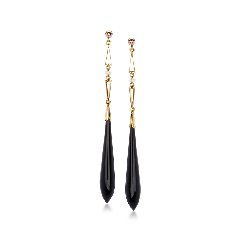 14kt yellow gold drop earrings with dark onyx teardrops and seed pearls