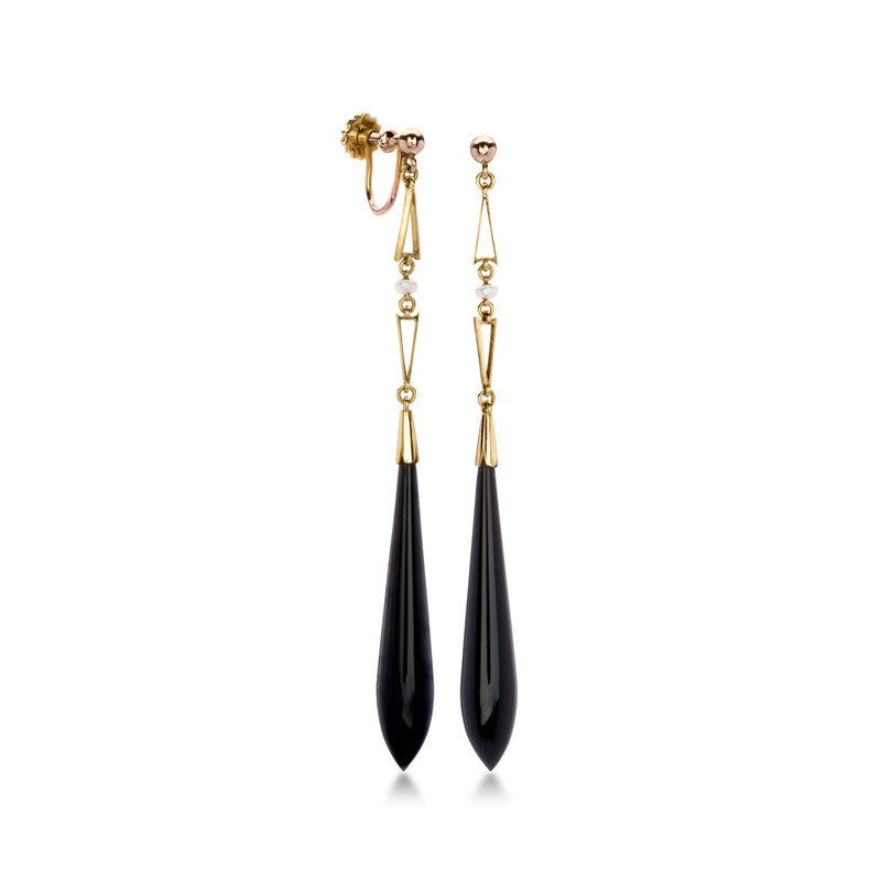 14kt gold clip drop earrings with onyx teardrops and seed-pearl accents
