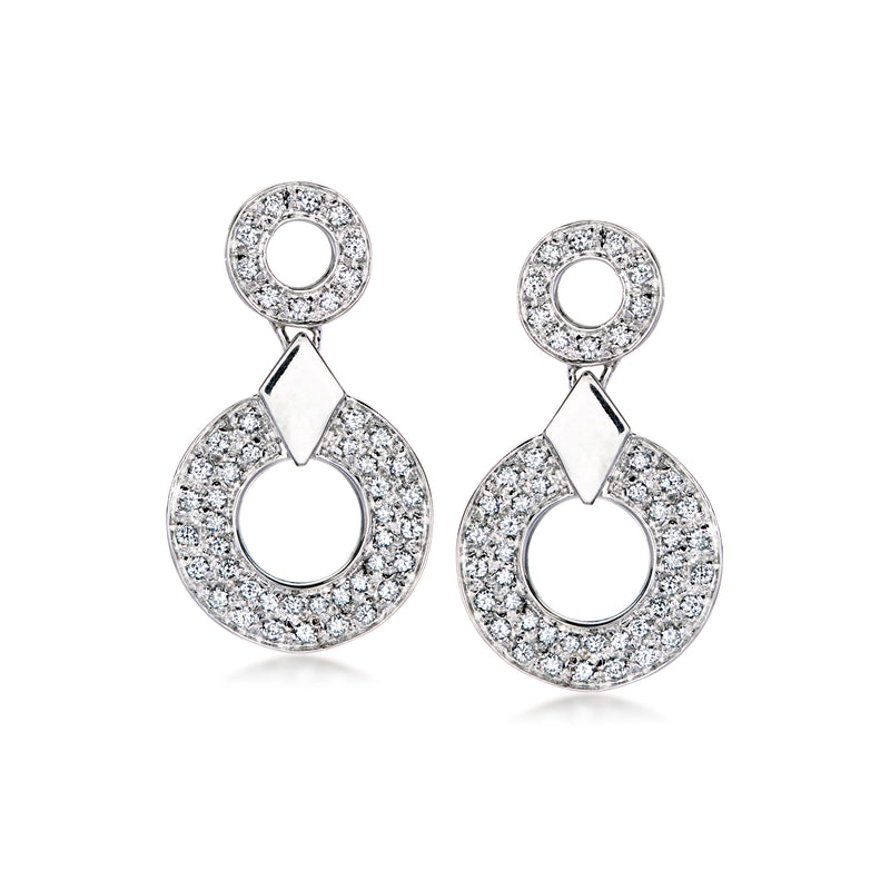 Diamond circle drop earrings in 18kt white gold with round halo