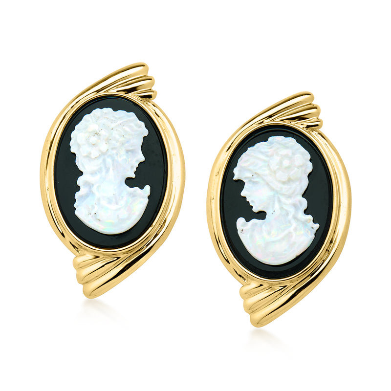 18kt yellow gold oval cameo earrings with black onyx and mother-of-pearl post backs