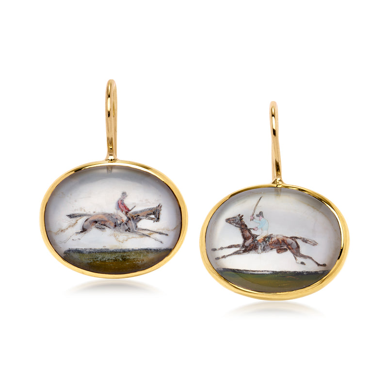 Yellow gold oval drop earrings with painted horse-racing scene, earwire hooks