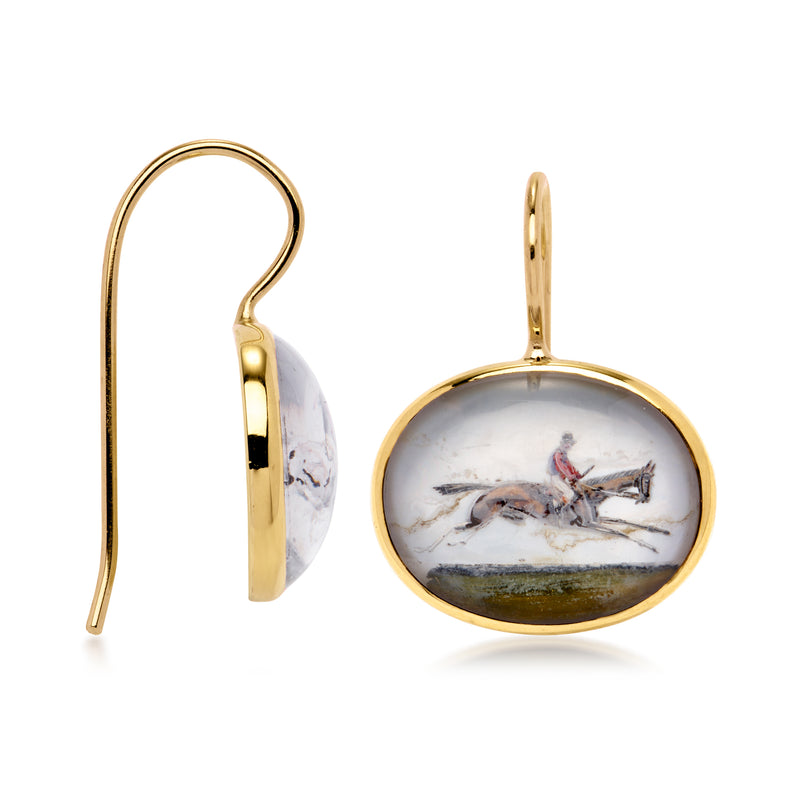 Side view yellow gold oval drop earrings with painted horse racing portrait, earwire