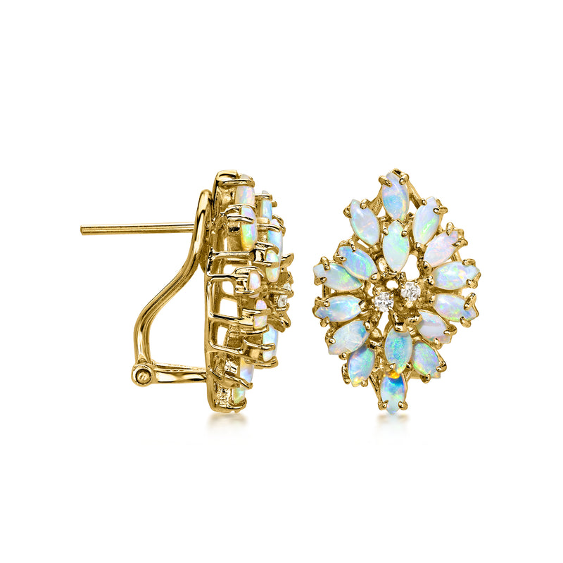 C. 1980 Vintage Opal Cluster Earrings with Diamonds in 14kt Yellow Gold