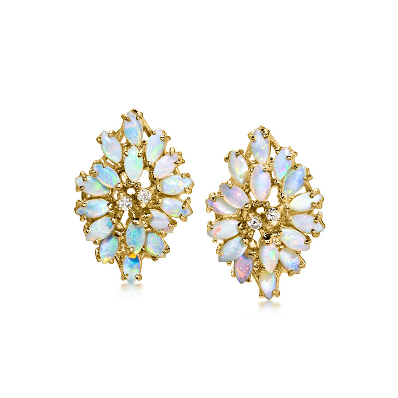 C. 1980 Vintage Opal Cluster Earrings with Diamonds in 14kt Yellow Gold