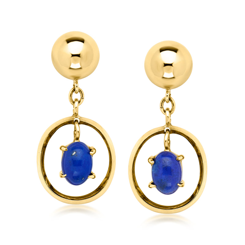 Vintage lapis drop earrings in yellow gold, round blue cabochon in gold hoop