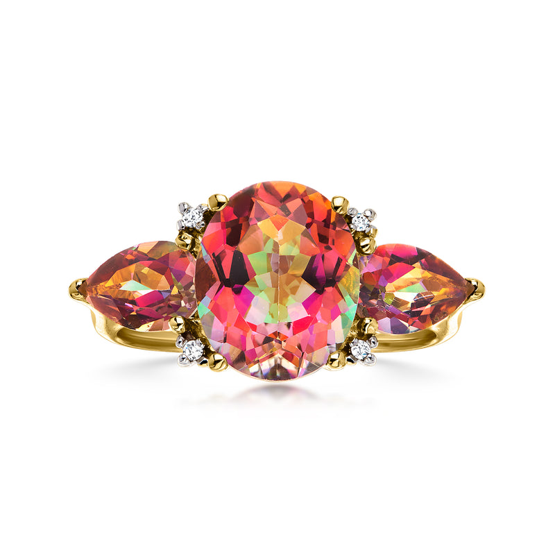 14kt yellow gold ring with oval multicolored gemstone and diamond accents