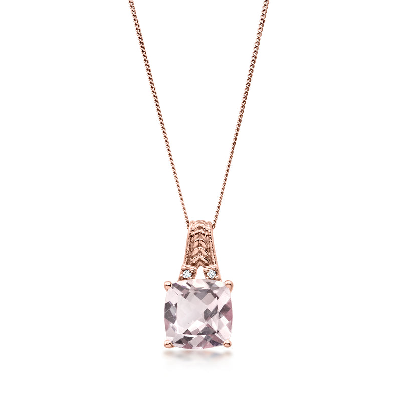 Rose gold pendant necklace with cushion-cut morganite center and diamond accents