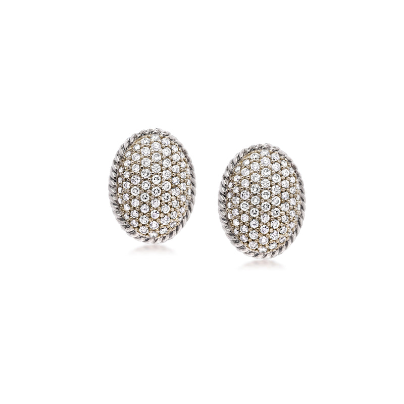 Sterling silver oval diamond cluster stud earrings with sparkling circular stones