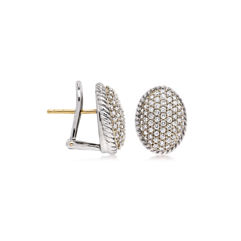 Oval diamond cluster stud earrings in sterling silver, side view with posts