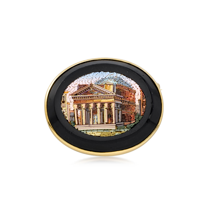 Vintage round micro-mosaic pin, gold frame, black onyx rim, colorful scene