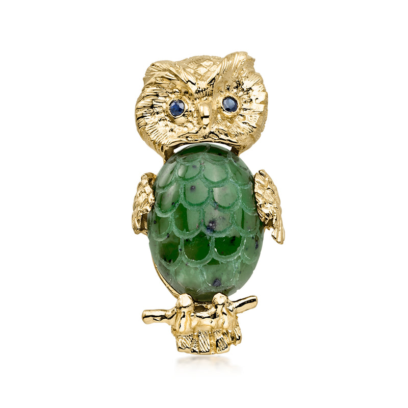 Vintage owl brooch pin in yellow gold with green nephrite body and blue gem eyes