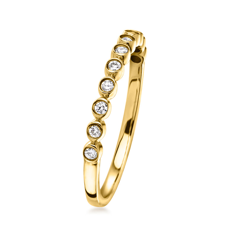 10kt yellow gold bezel-set diamond ring with slim profile and round stones