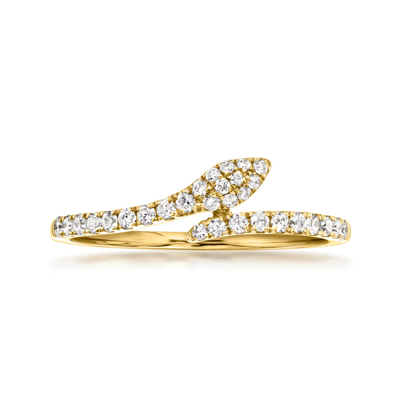 10kt yellow gold snake bypass ring with round lab-grown diamond rows, curved band