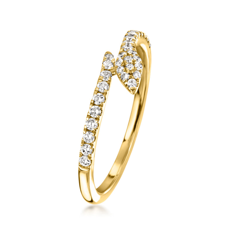 10kt yellow gold snake bypass diamond ring, side view with sparkling round stones