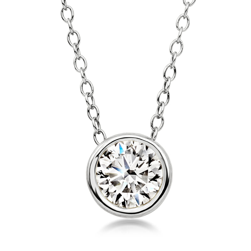 Sterling silver solitaire necklace with round bezel-set diamond pendant on chain