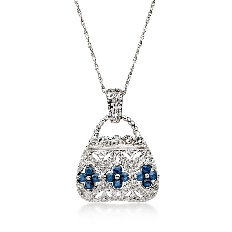 White gold purse pendant necklace with blue sapphire stones and diamond accents