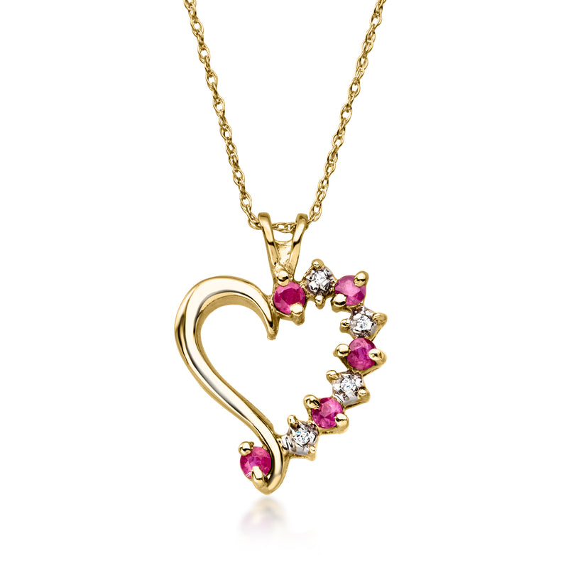 14kt yellow gold heart pendant necklace with pink ruby and diamond accents