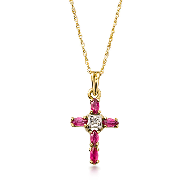 14kt yellow gold ruby cross pendant necklace with single diamond center