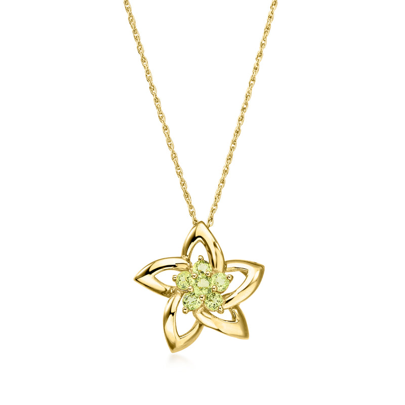 14kt yellow gold peridot flower pendant necklace with green stone flower center