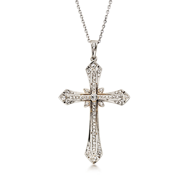 Diamond filigree cross pendant necklace with platinum-toned setting and chain