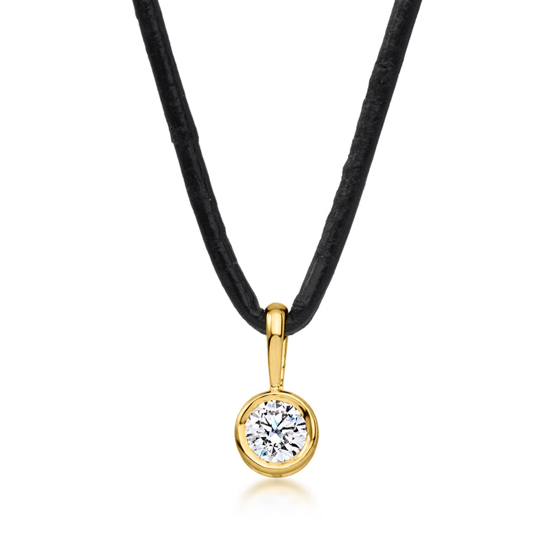 Gold diamond pendant necklace with black leather cord, round bezel-set stone