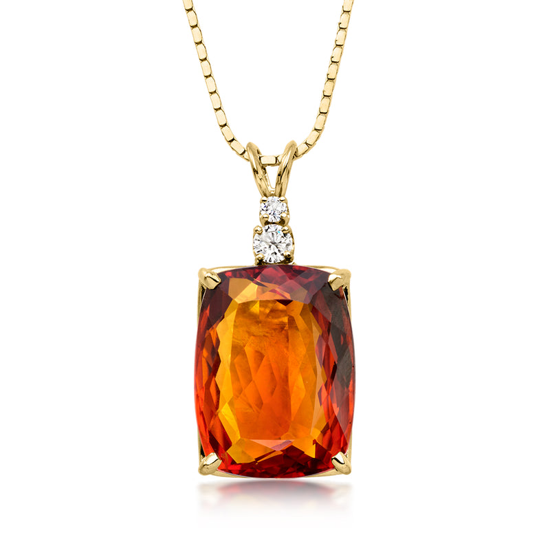 14kt yellow gold pendant necklace with large square orange citrine and diamond top halo