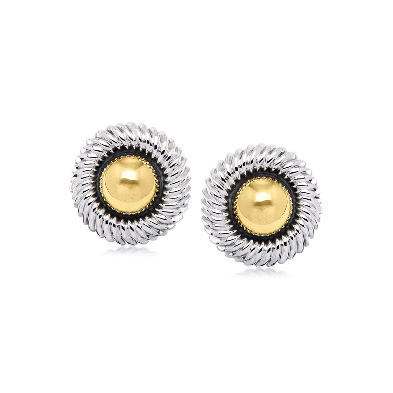 Sterling silver disc earrings with 14kt yellow gold center and textured rope border