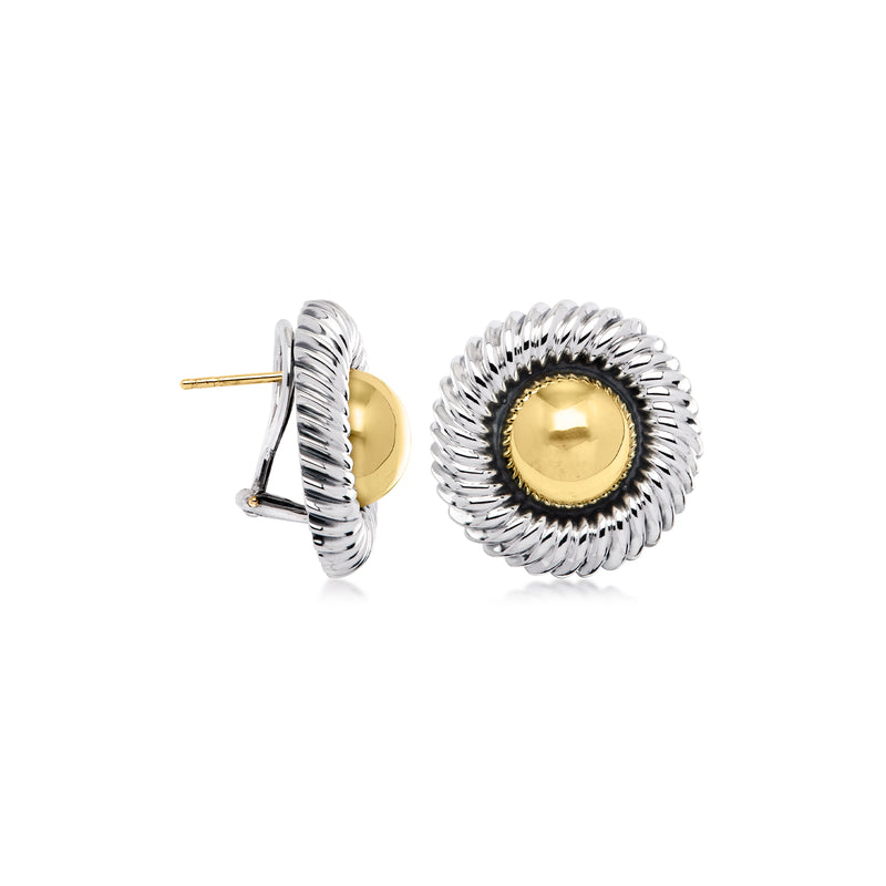 Sterling silver disc clip/post earrings with yellow gold center and textured rim