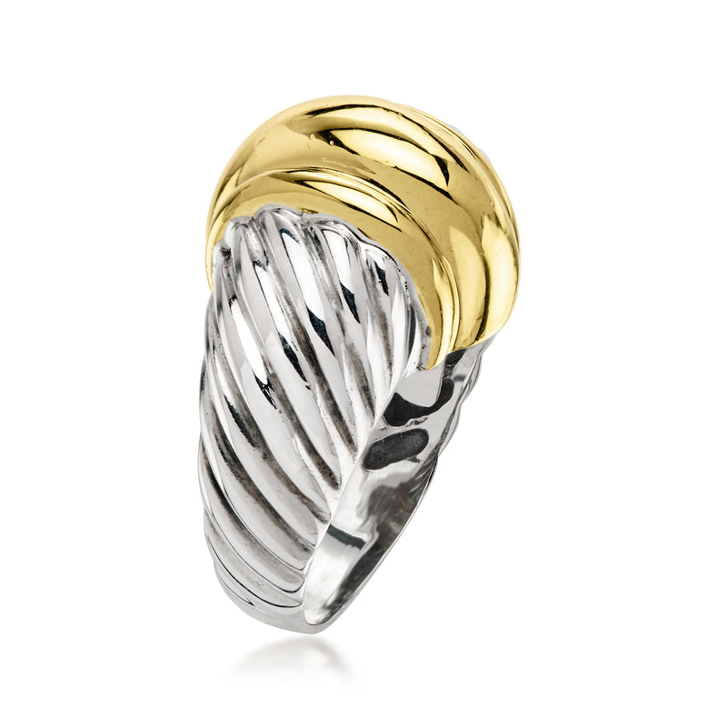 Twisted-cable ring in sterling silver with yellow gold top dome and ribbed band