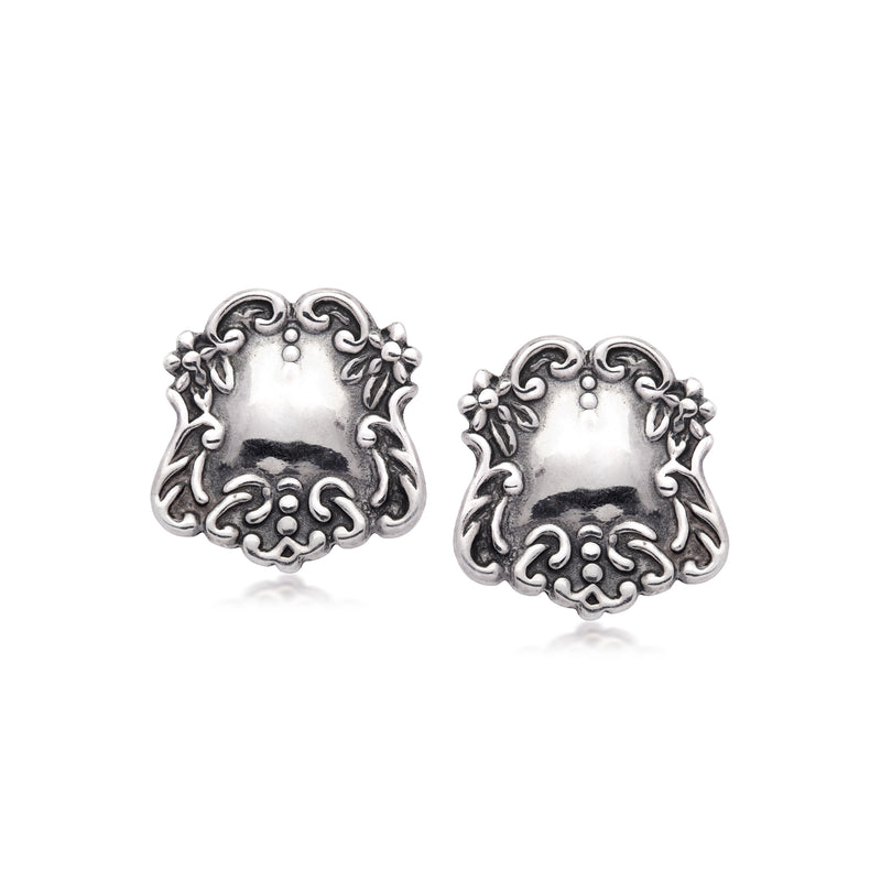Sterling silver floral scroll stud earrings, detailed filigree post backs