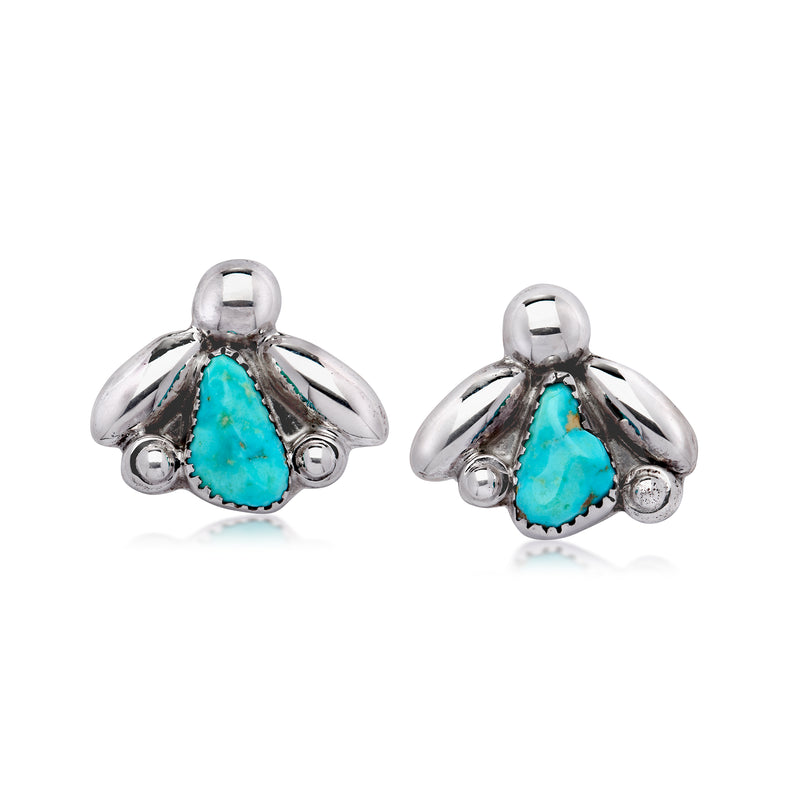 Turquoise teardrop sterling silver cluster post earrings, shiny polished metal
