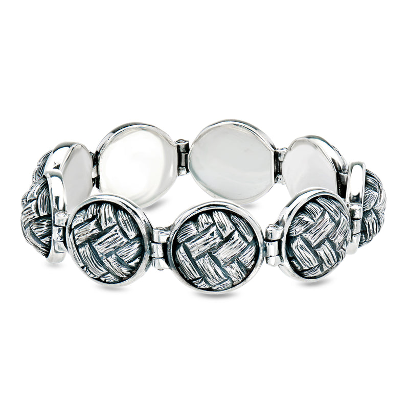 Sterling silver basketweave-link bracelet with round textured links