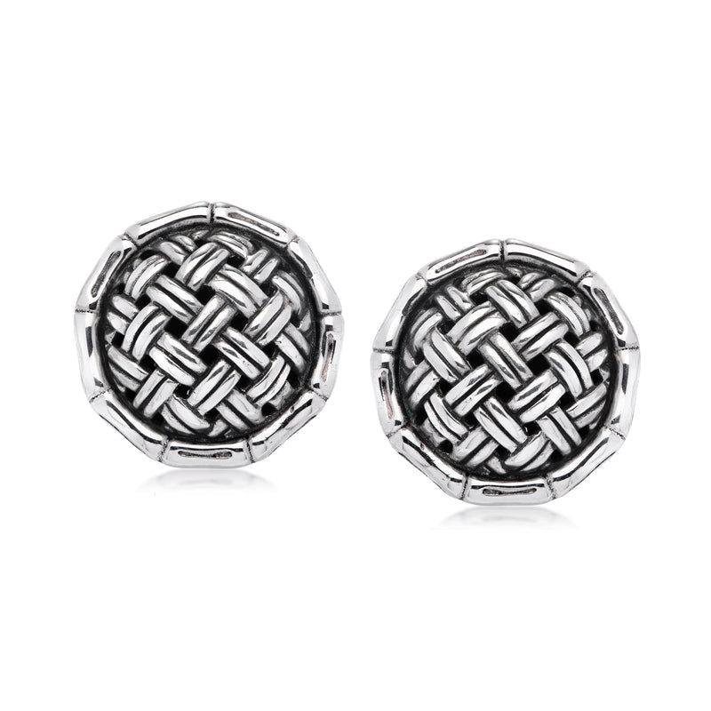 Sterling silver round basketweave clip-on earrings with woven pattern