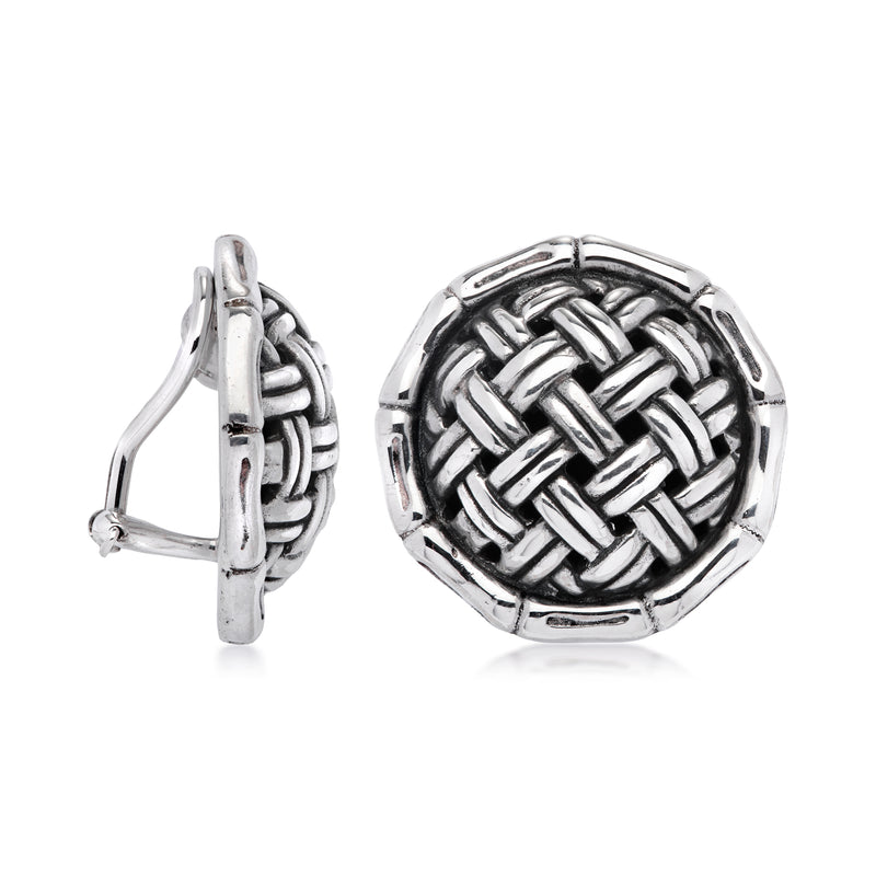 Sterling silver round basketweave clip-on earrings, side view of hinge clasp