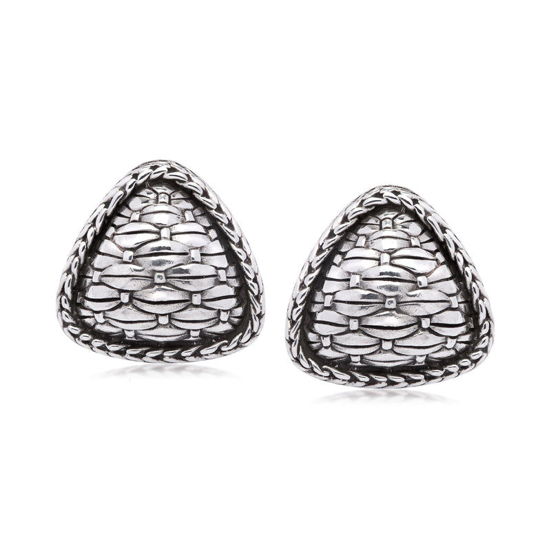 Sterling silver clip-on earrings, triangular basketweave texture with scalloped border