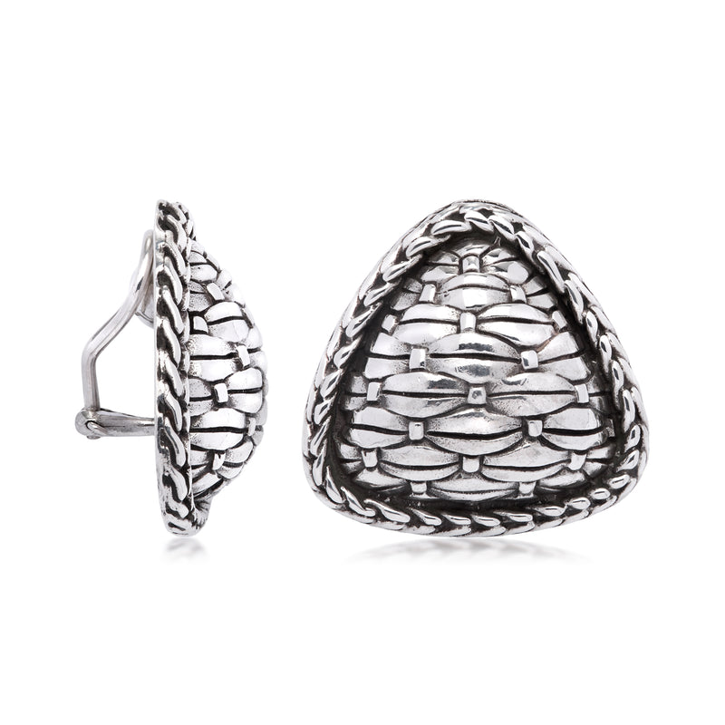 Sterling silver clip-on earrings, side view of triangular basketweave teardrop design