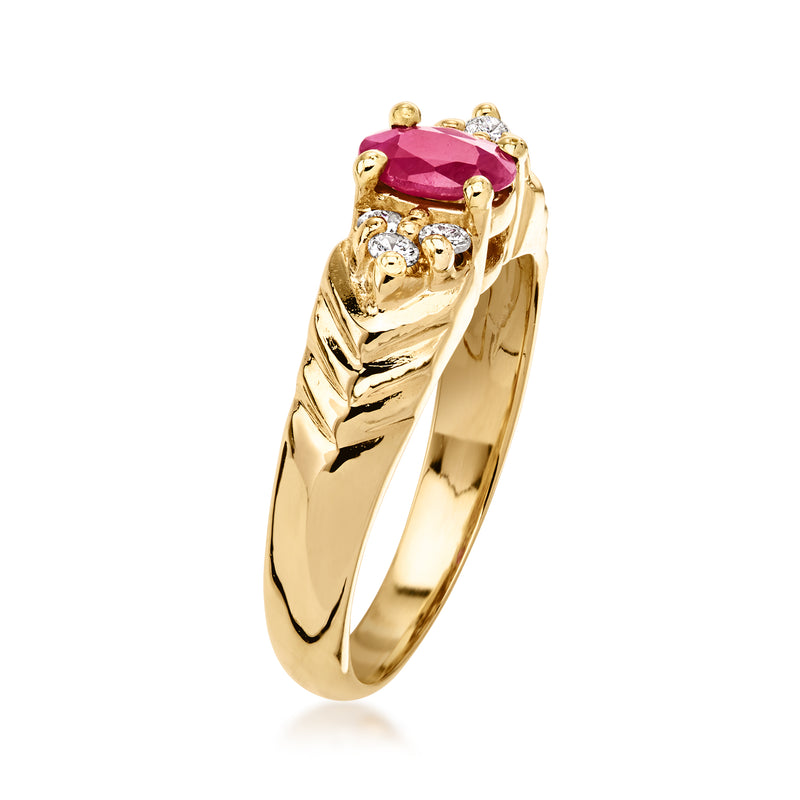 14kt yellow gold ring with raised oval ruby and small diamond accents