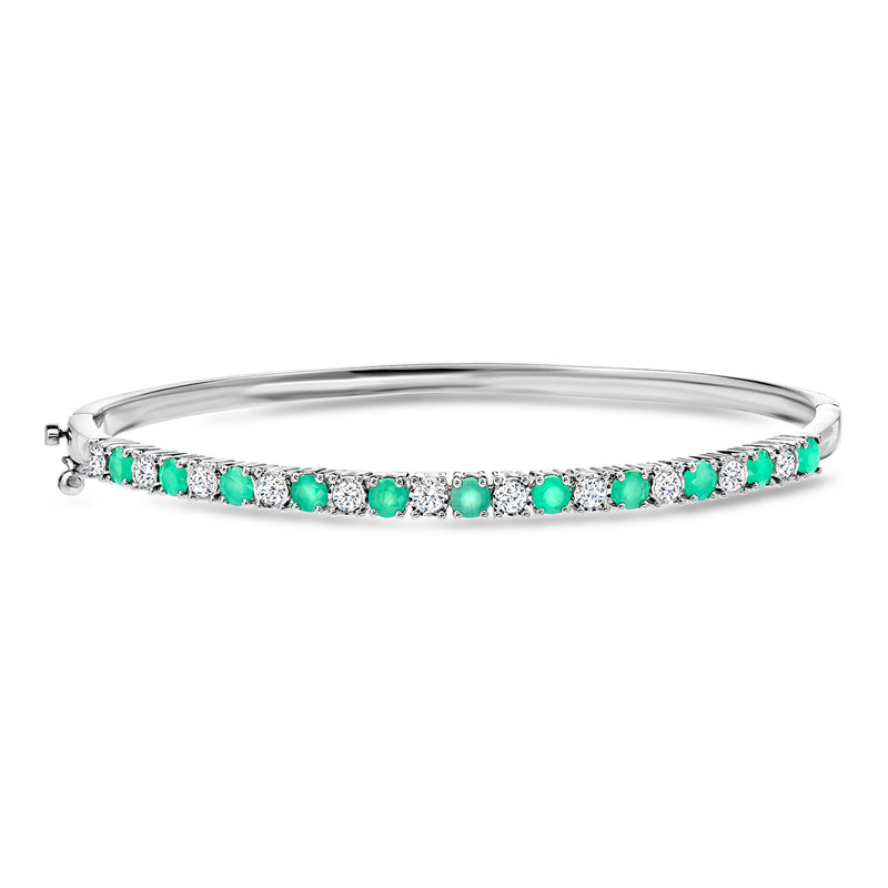 Sterling silver bangle bracelet with green emeralds and clear diamond accents