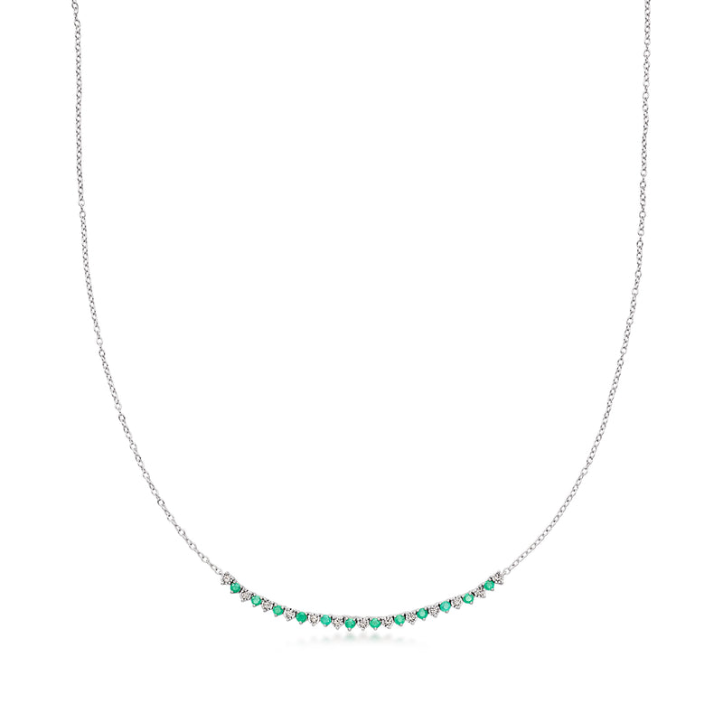 Sterling silver tennis-style necklace with green oval stones and small clear diamonds